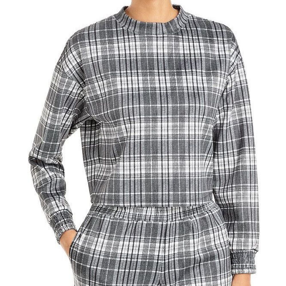 Alice + Olivia Leslie Crop Sweatshirt Size M (PLS READ) Gray Plaid Long Sleeves